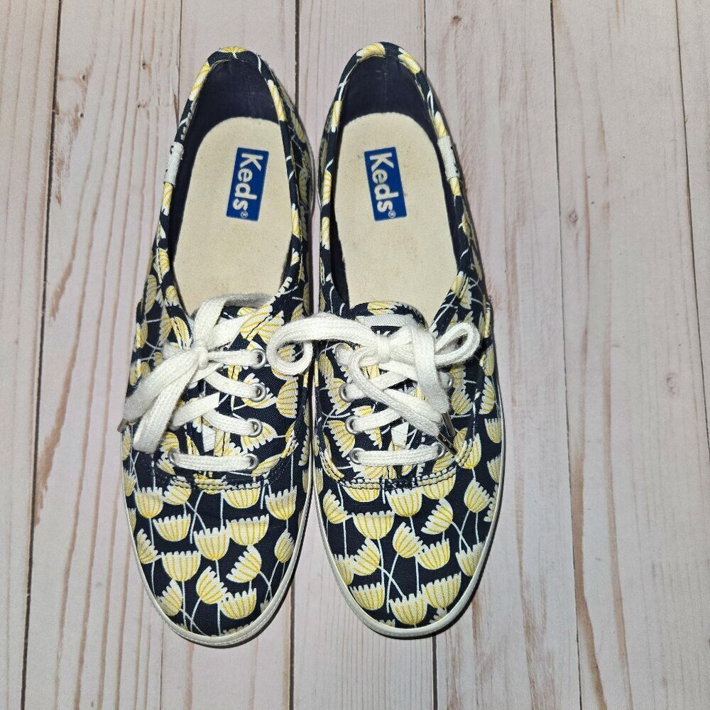 Keds Womens Canvas Floral Sneakers Navy Blue with Yellow flowers Size 6
